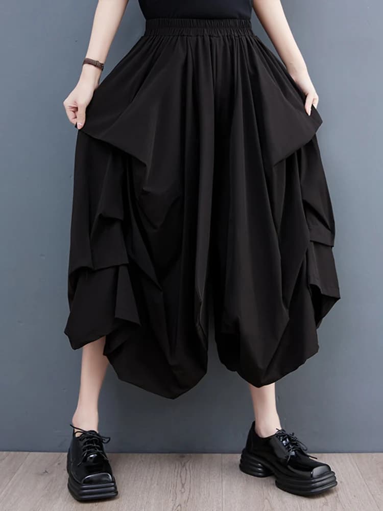 Pantalon à jambes larges drapé pour femme, taille haute élastique, noir, vintage, décontracté, poche