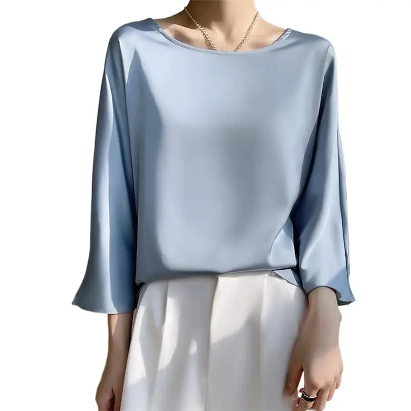Mode femme élégant Satin Blouse 2026 printemps automne neuf quarts manches hauts amples grande taill