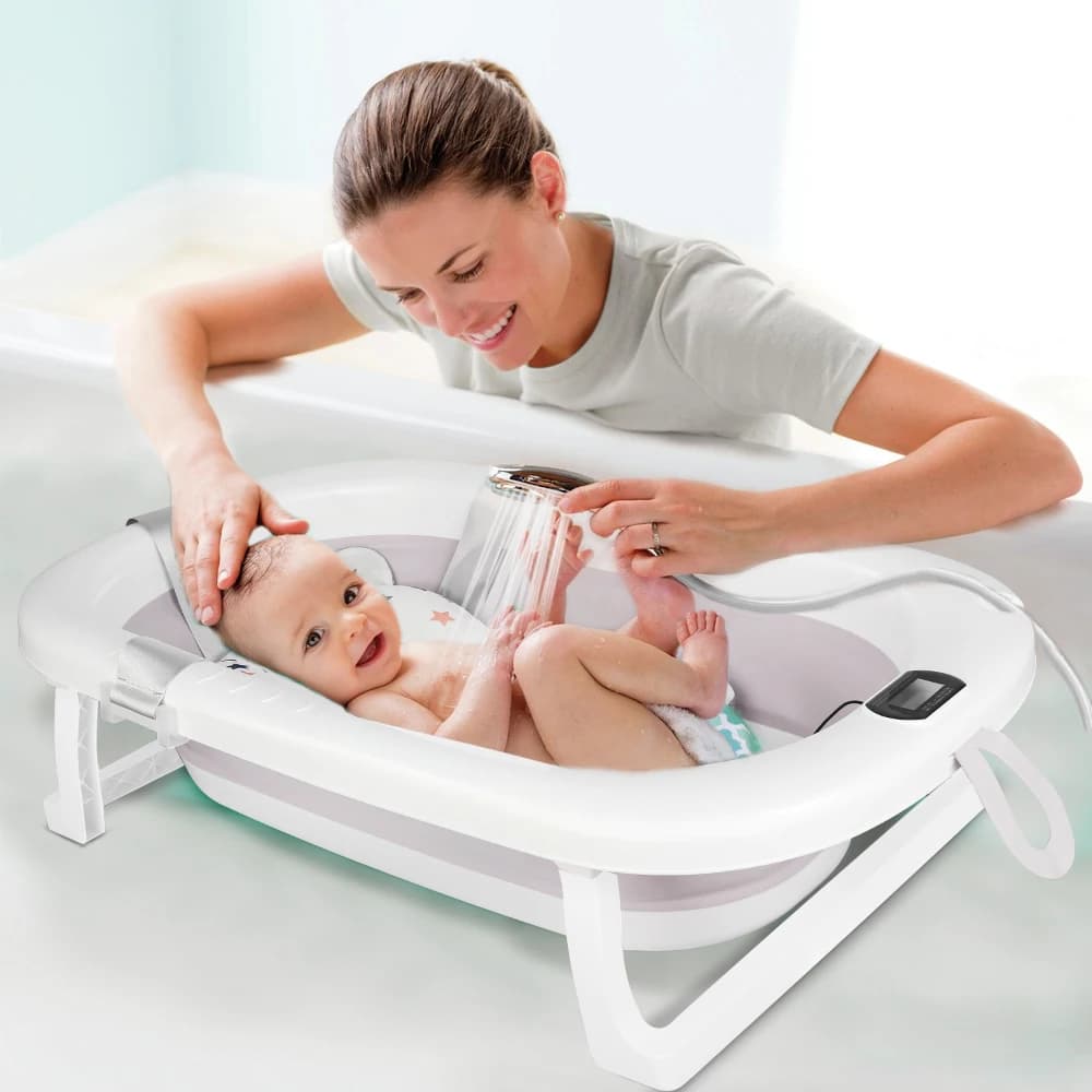 Baignoire pliable pour bébé avec tapis de bain, baignoire pour bébé avec thermomètre intégré, baigno