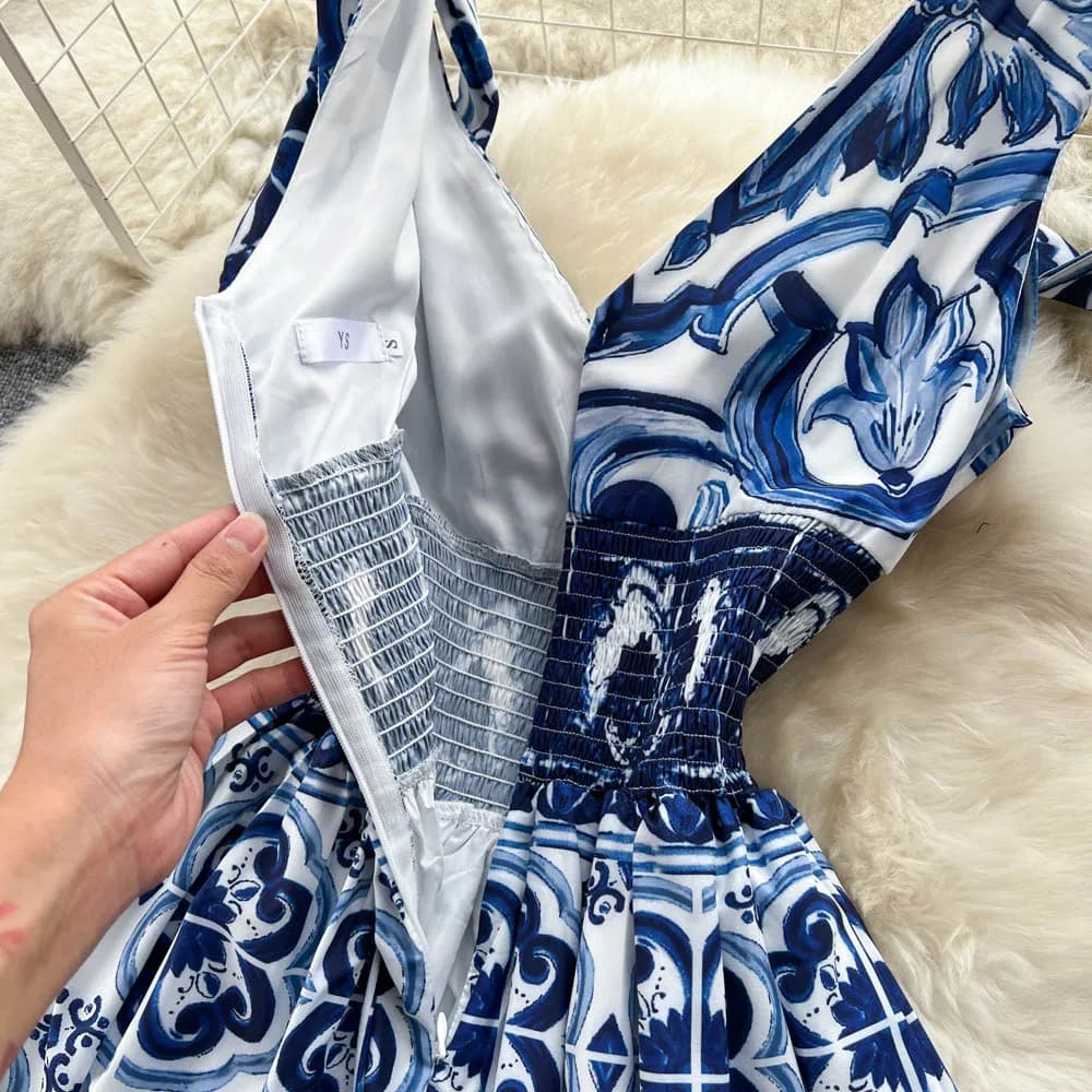 Robe longue de vacances pour femmes, nœud, bretelles Spaghetti, col en V, taille élastique, bleu et 