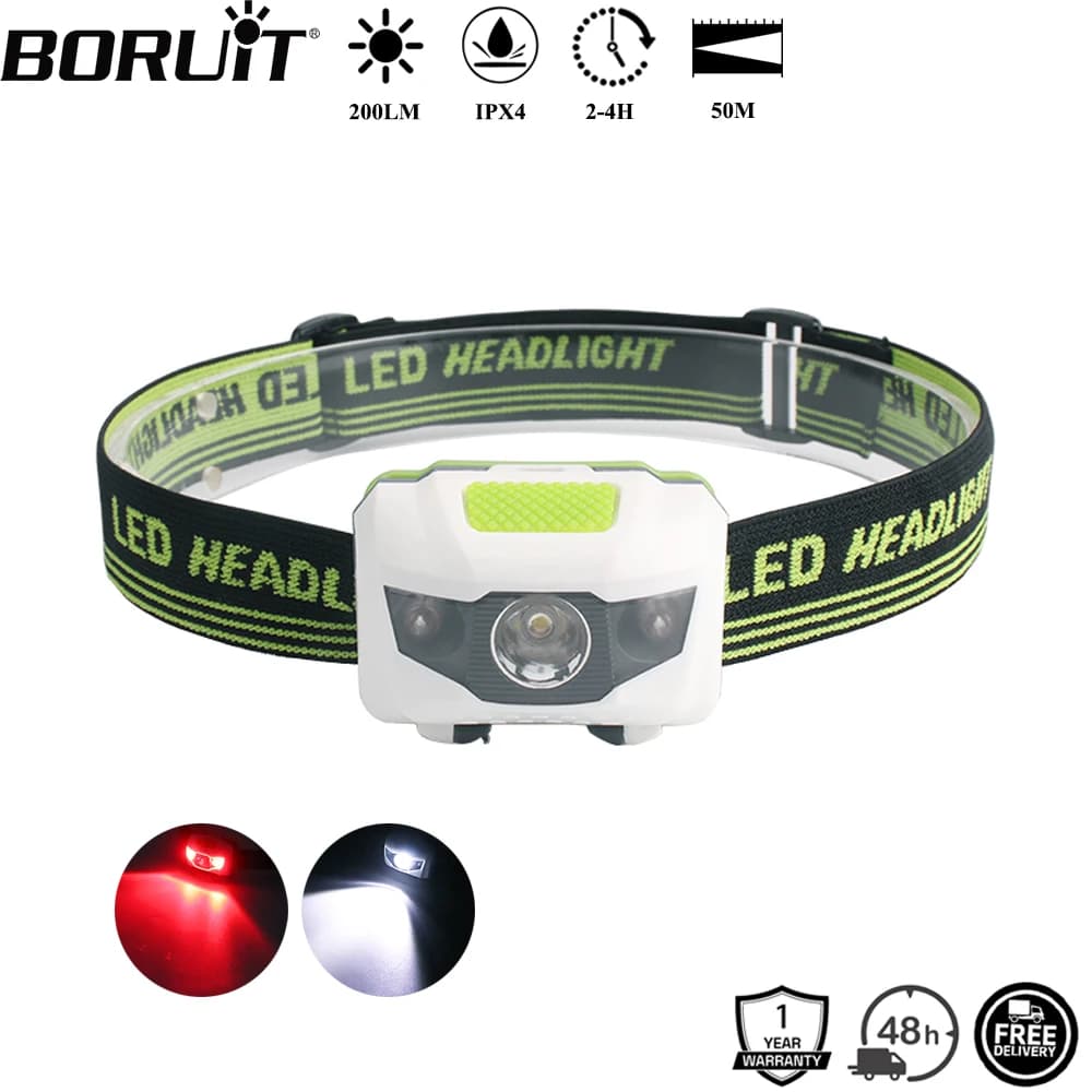 BORUiT rouge et blanc LED Mini lampe frontale 4 modes 200LM phare léger étanche Camping randonnée tê