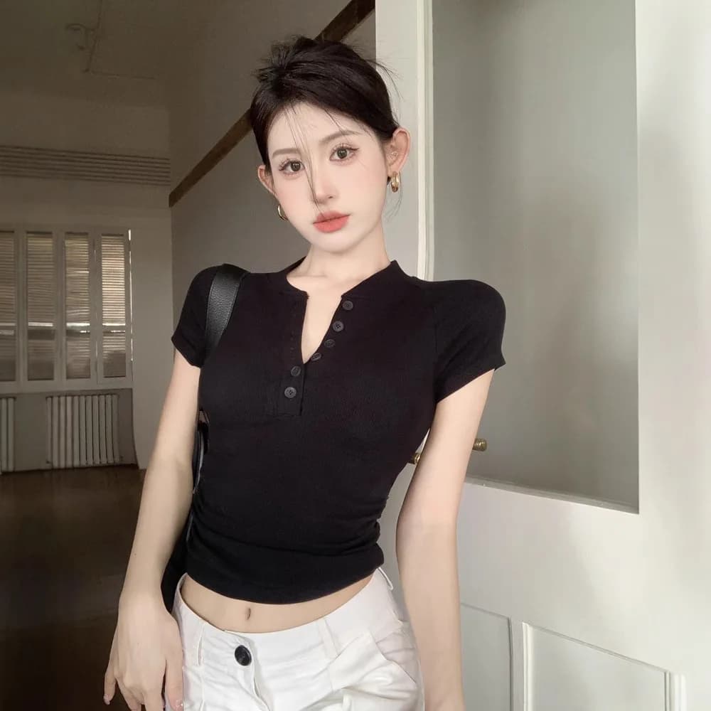 1 pièces été femmes T-shirt fille bouton demi col ouvert T-shirt dame à manches courtes haut ajusté 