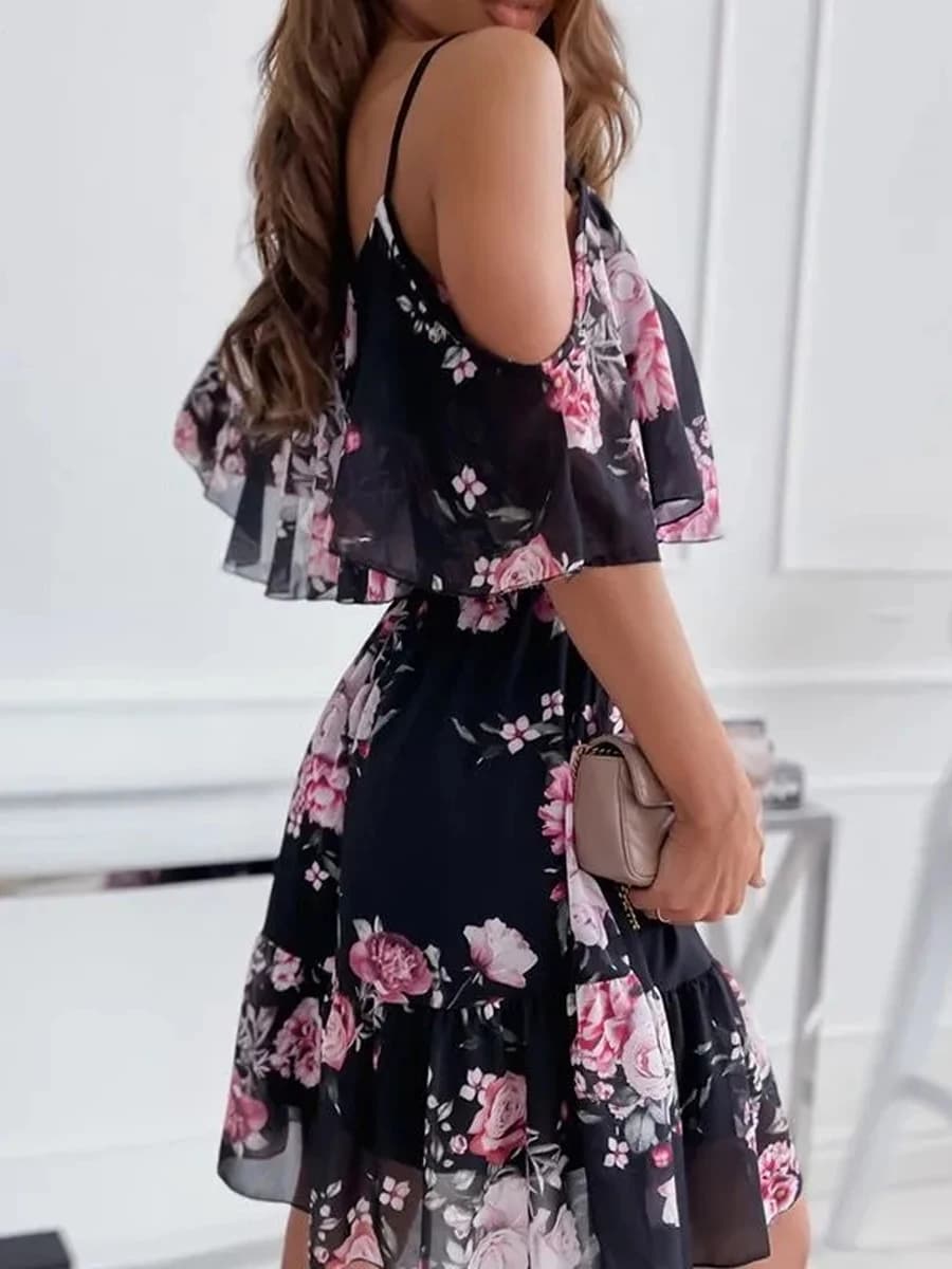 Robe en mousseline de soie à imprimé floral pour femmes, robe d'été sexy à bretelles, robe d'été élé