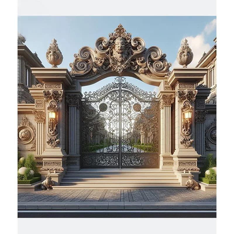Porte de luxe en fer doré, design de maison, château, entrée extérieure, porte électrique à la mode