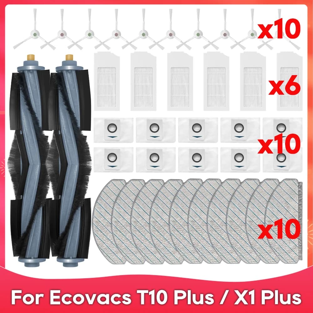 Compatible avec (Ecovacs T10 Plus / X1 Plus) rouleau, brosse latérale, filtre, sac à poussière, chif