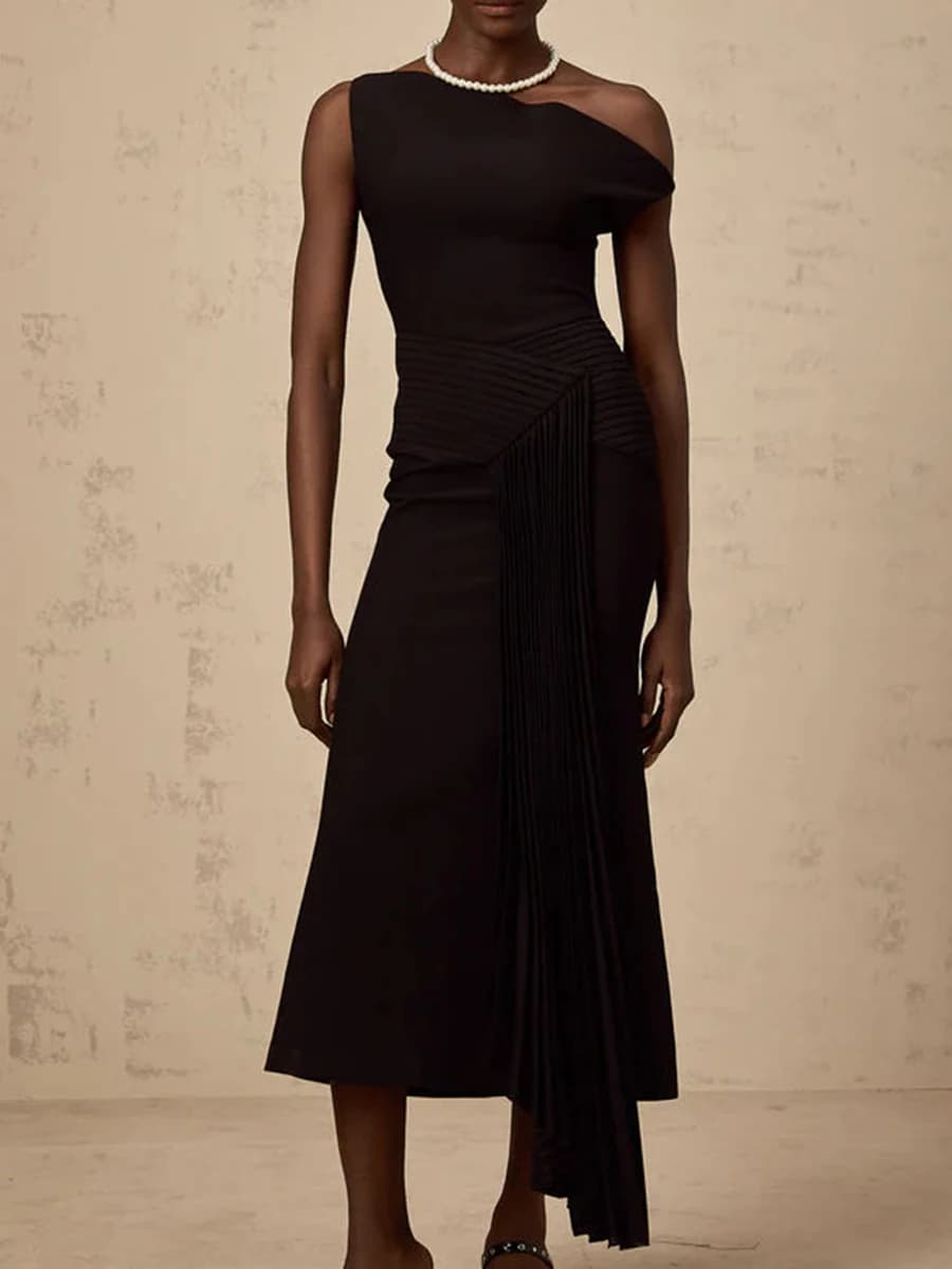 TWOTWINSTYLE – robe mi-longue élégante et amincissante pour femmes, couleur unie, col diagonal, épau