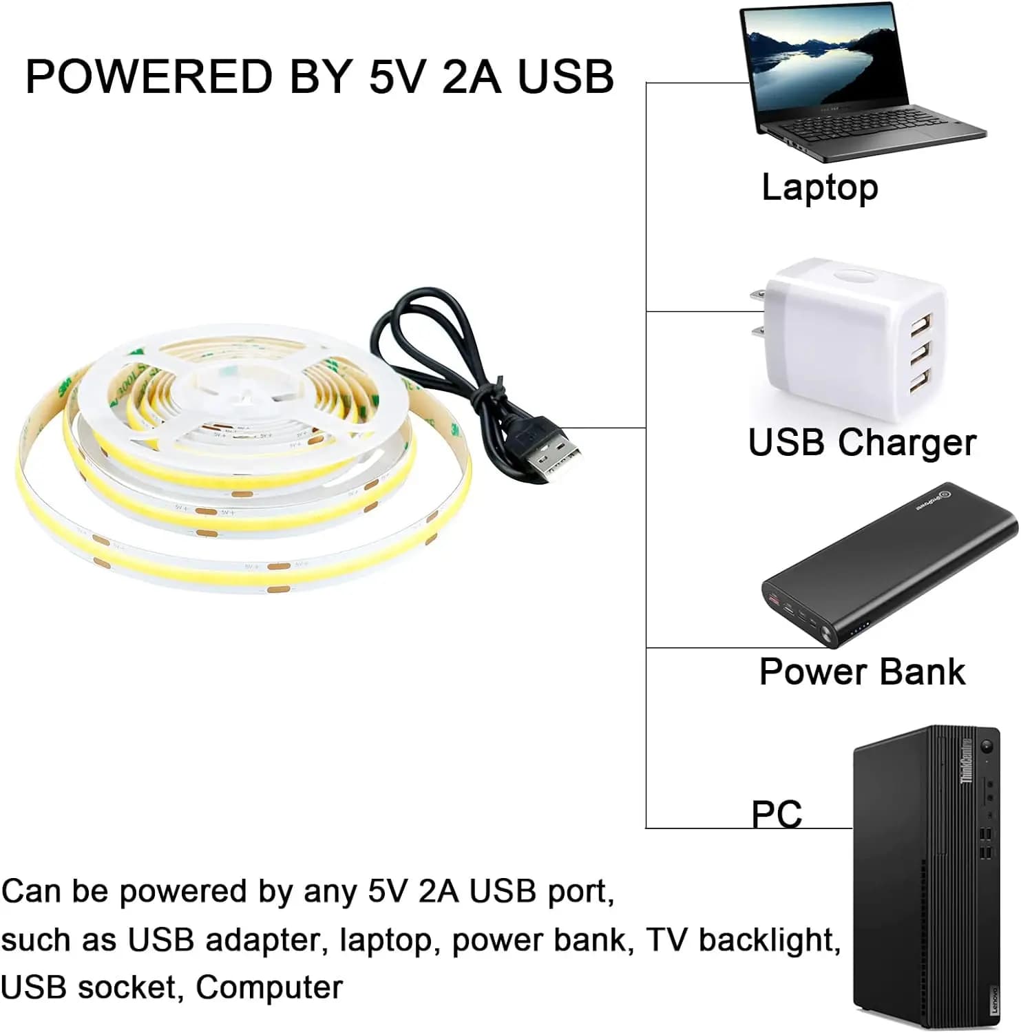 Bande lumineuse USB COB DC 5V, 320LED/m, rose/rouge/blanc/bleu/jaune, lampe d'armoire, rétro-éclaira