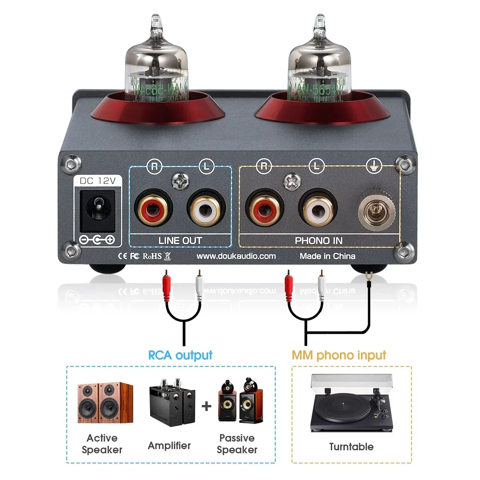 Douk – préampli Audio à Tube sous vide JAN5654, préampli Phono pour platines, téléphone/PC/MP3/TV, A