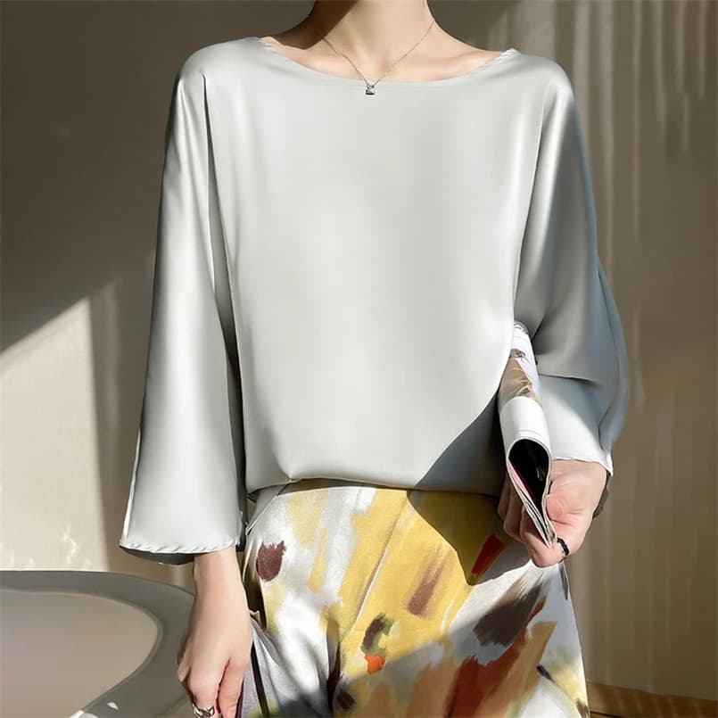Mode femme élégant Satin Blouse 2026 printemps automne neuf quarts manches hauts amples grande taill