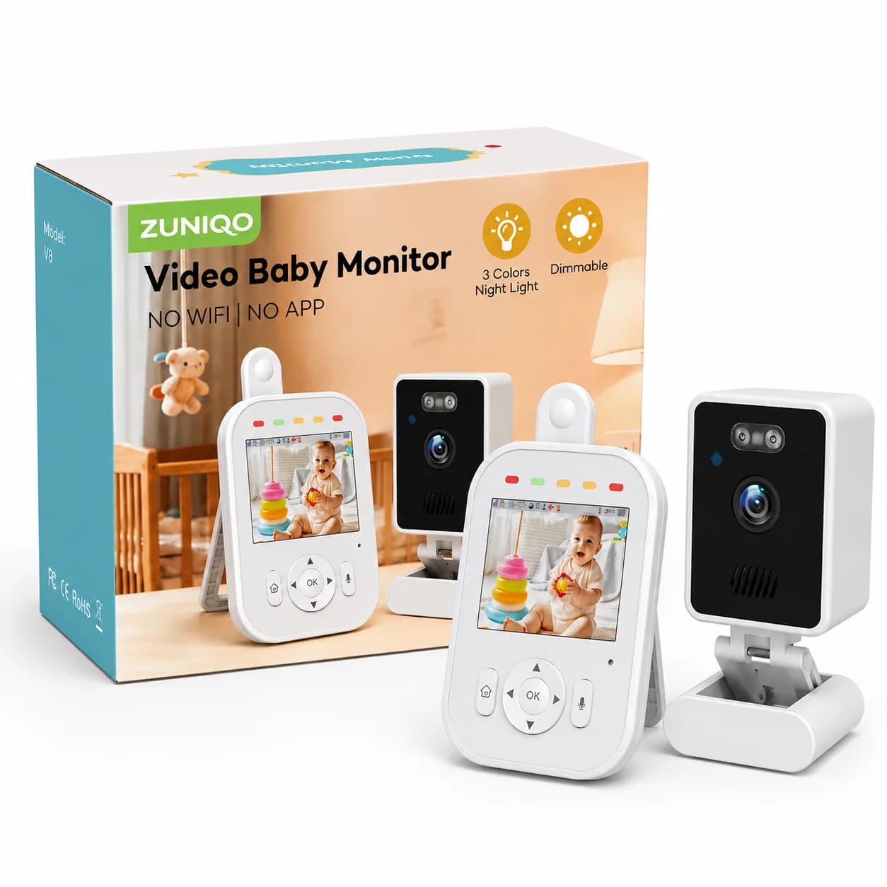 Babyphone intelligent avec caméra vidéo 2,8 pouces 720P, détection des pleurs, longue durée de vie d