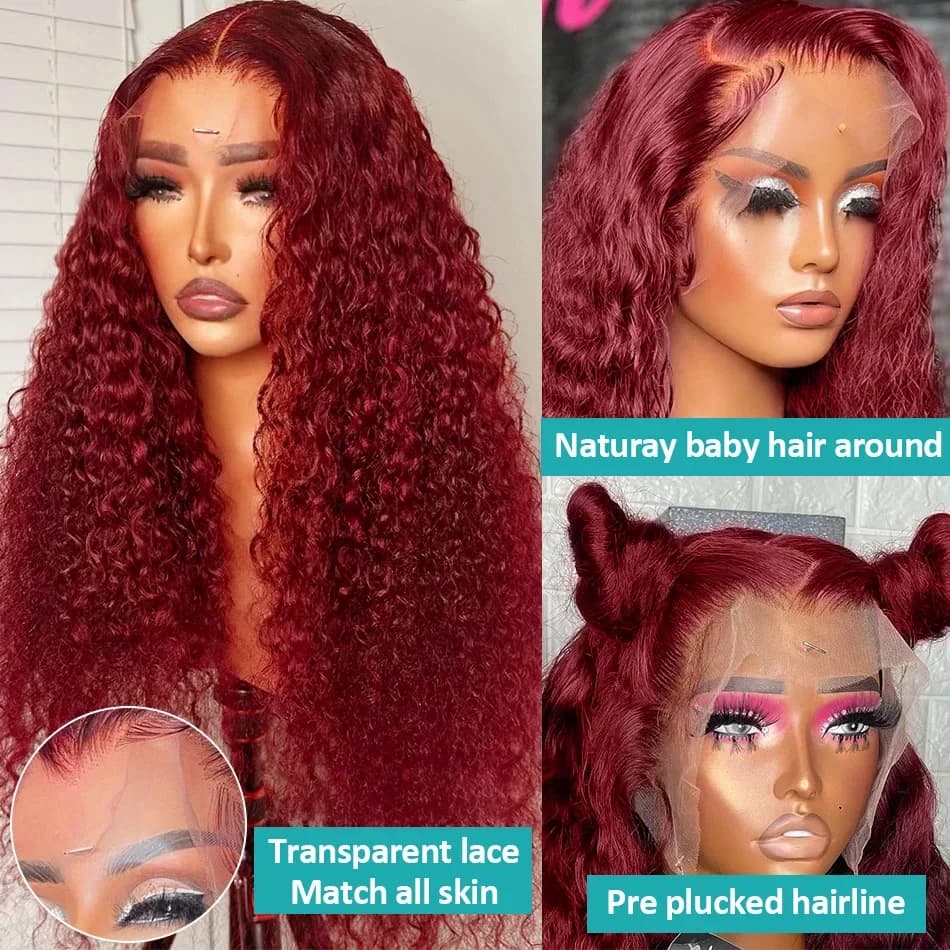 Perruque Lace Front Wig Remy bouclée rouge bordeaux 99J, cheveux naturels, 13x4, 13x6, densité 250, 