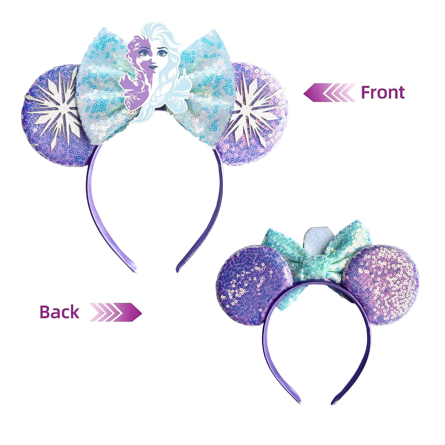 Bandeau d'oreille Elsa Mickey Mouse la reine des neiges, cerceaux pour cheveux avec nœud violet scin