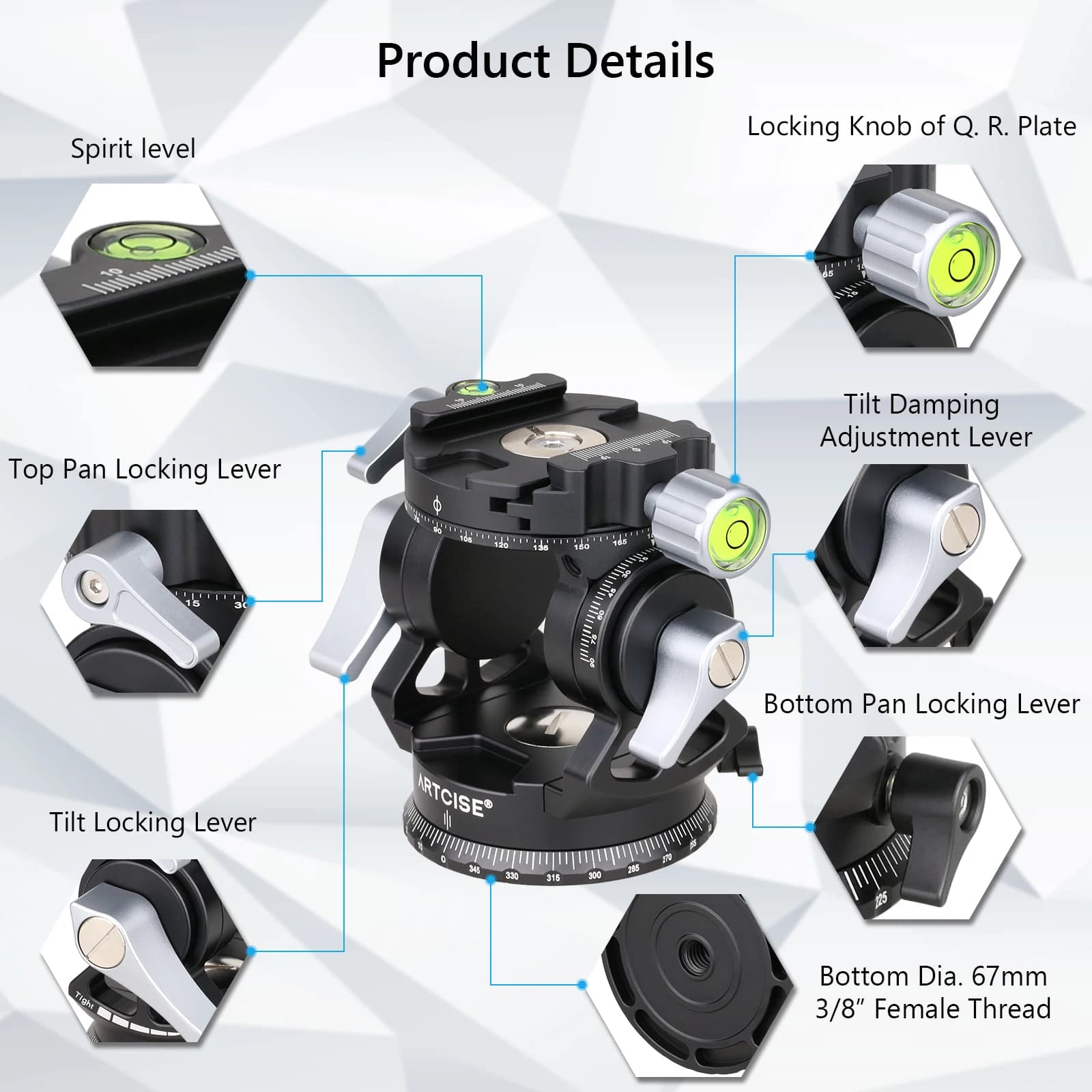 Artcise Nouvelle tête hydraulique vidéo creuse -51 ° +90 °   Tête vidéo fluide compacte légère CNC à