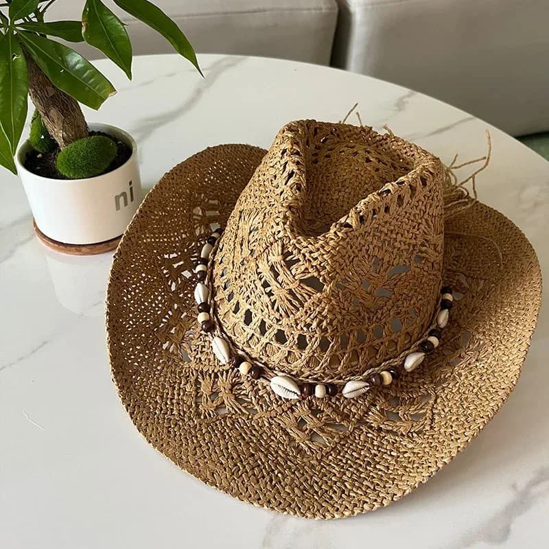 Chapeau de paille bohème d'été pour femmes et hommes, chapeaux de Cowboy de plage, perles en bois aj