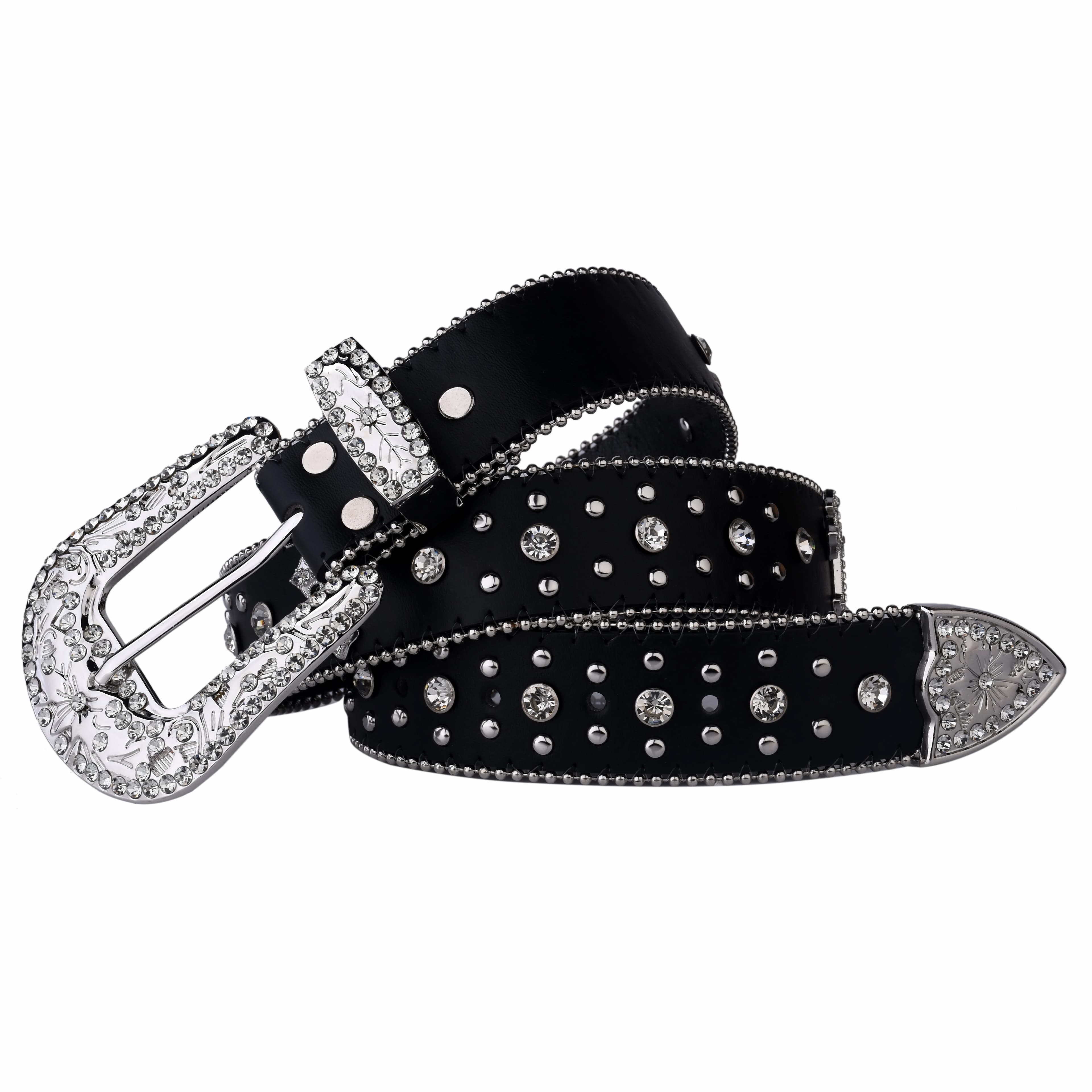 Ceinture à rivets croisés noirs, boucle gravée, décor en strass, ceinture en PU, Hip Hop, pantalon e