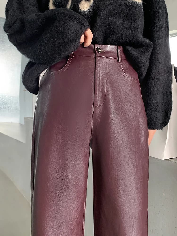 QOERLIN automne hiver pantalon en cuir PU femmes élégant taille haute poches Faux cuir sarouel femme