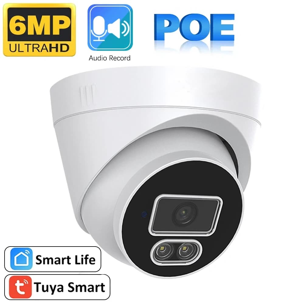 Caméra dôme IP PoE 6MP, Audio bidirectionnel, détection humaine, Vision nocturne couleur 100 pieds, 