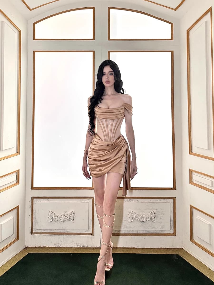 REDDACHIC-Mini robe corset en satin doré pour femme, robe transparente, patchwork en arête de poisso
