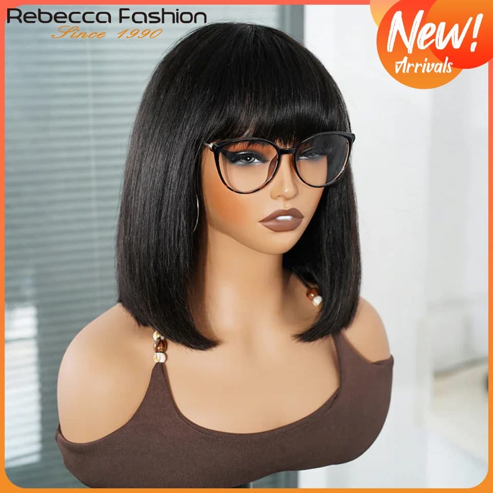 Rebecca droite Bob dentelle perruques sans colle droite perruques de cheveux humains avec frange fra