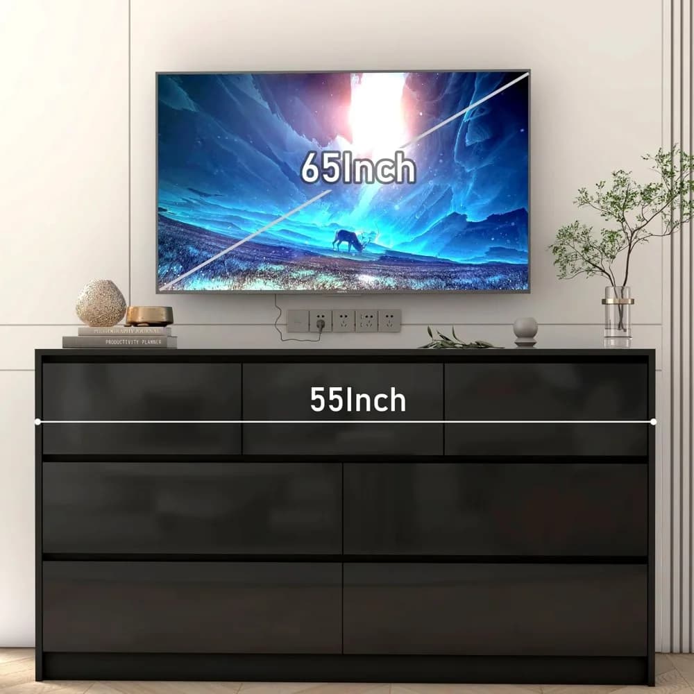 Commode Malm noire pour chambre à coucher, commode haute brillance de 55 pouces de long avec 7 tiroi
