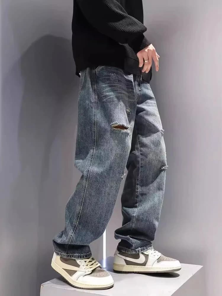 Nouveaux hommes déchiré jean Baggy droit mode Vintage bleu Denim pantalon personnalité Streetwear Hi