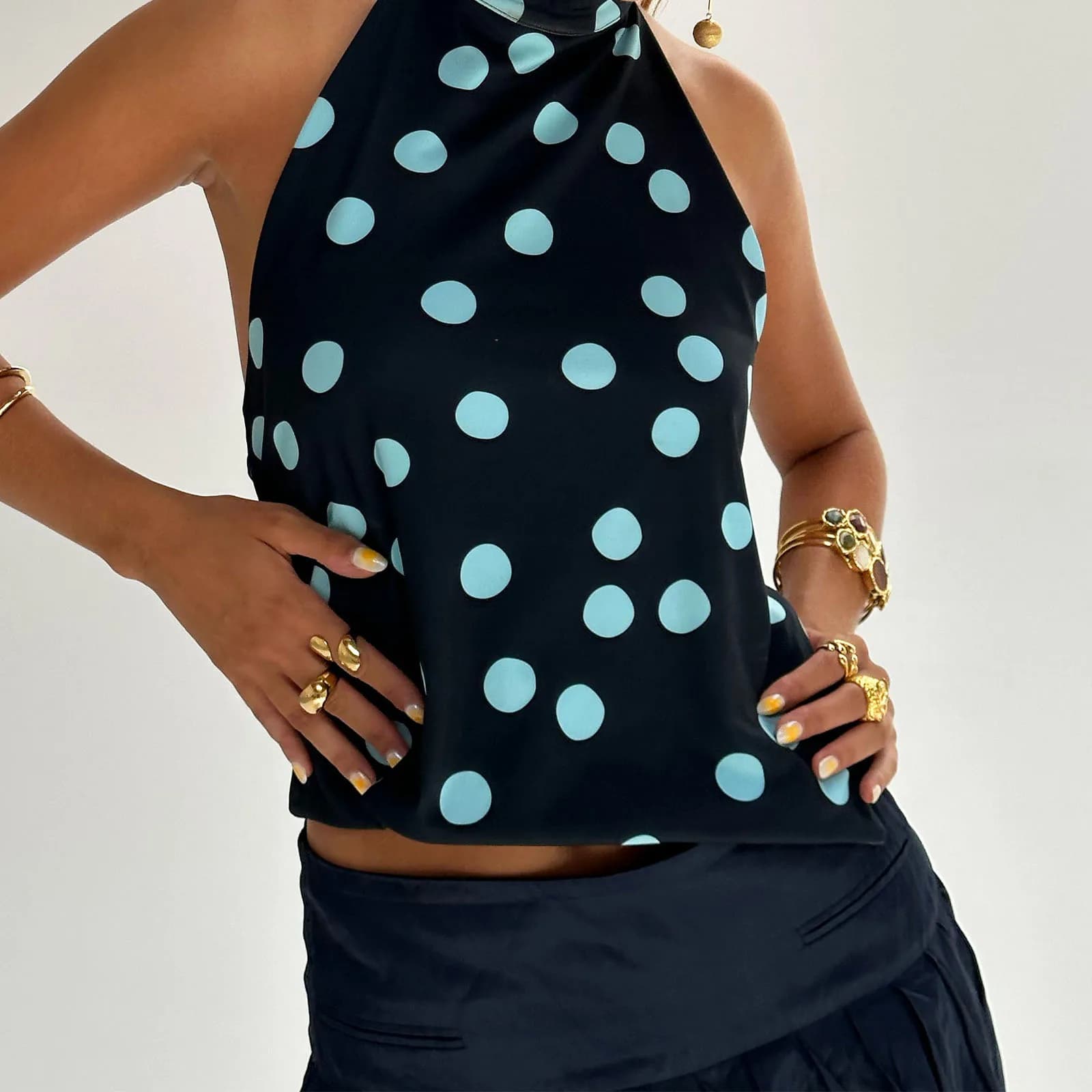 Haut à licou sans manches pour femmes, dos nu, imprimé points/fleurs, gilet d'été, doux et confortab