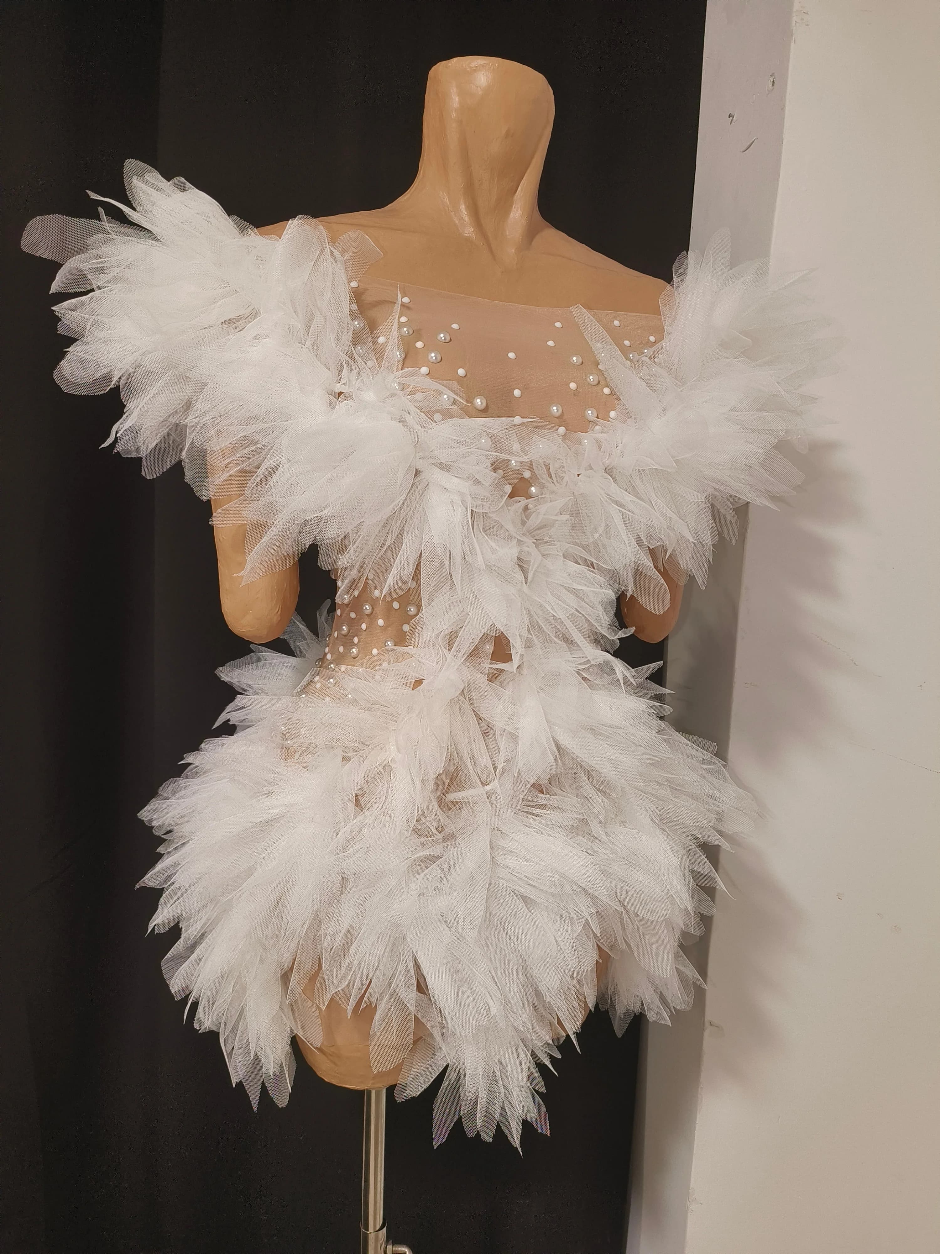 Robe mini en tulle blanc luxueuse pour femme, sexy, transparente, ornée de perles et de cristaux, mo