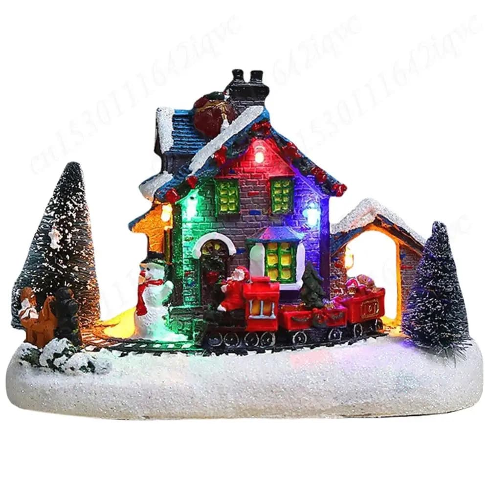 Ornements de maison de Noël en résine éclairés par LED, petit train, village, maison de neige, décor