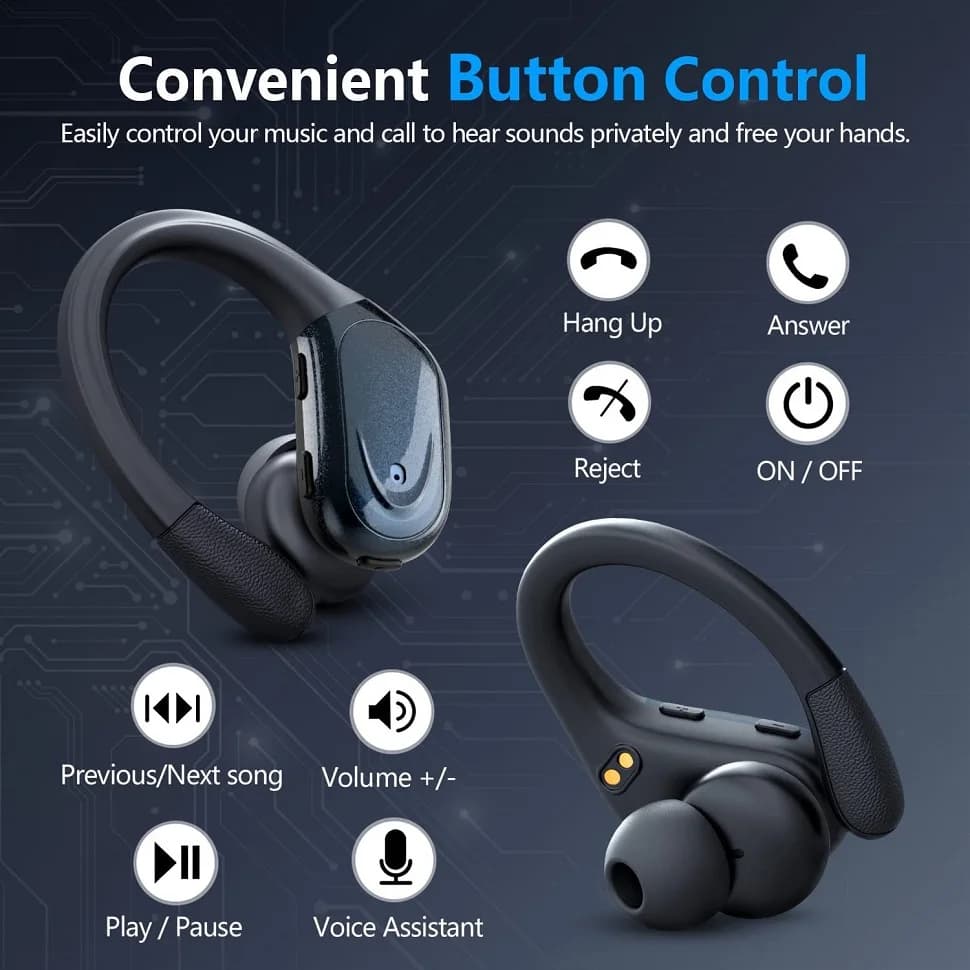 Écouteurs sans fil Bluetooth 5.3, avec bouton micro, contrôle du bruit, crochets d'oreille, casque é