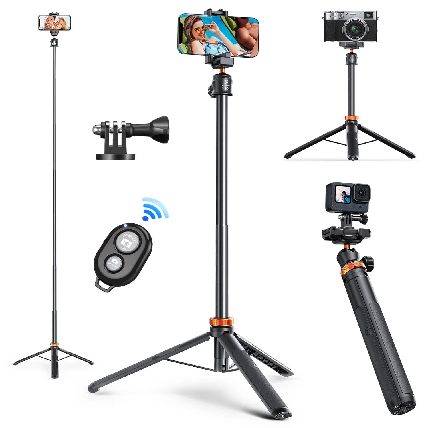 K&F CONCEPT MS08 Trépied pour téléphone portable 62''/1,58 m, bâton à selfie noir et orange avec tél