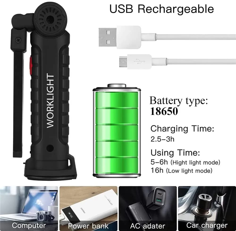 Lampe de travail portable COB LED, lampe torche USB rechargeable, lanterne magnétique, lampe suspend