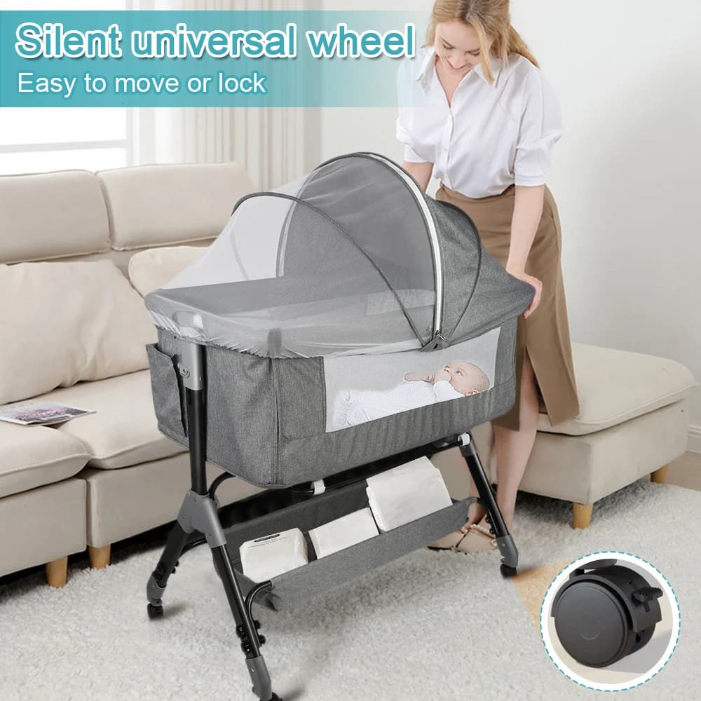 Lit Bébé jusqu'à 9 kg, Cododo Bébé, Réglage de la Hauteur 4 Hauteurs, Inclinaison, 4 Roulettes avec 