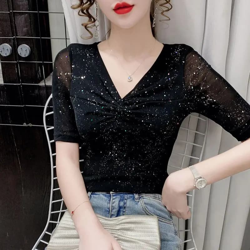 Femmes à manches courtes maille T-shirt été brillant fond haut décontracté brillant soie plissée che