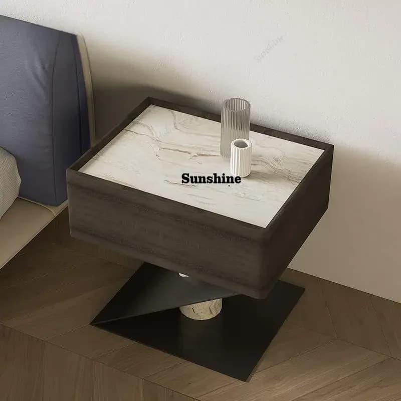 Table de chevet minimaliste en bois massif TS, table de chevet design avec plateau en marbre naturel