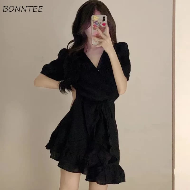 Mini robes monochromes pour femmes, col en V, sexy, intérieur, chic, doux, femme, wlwear, simple, va