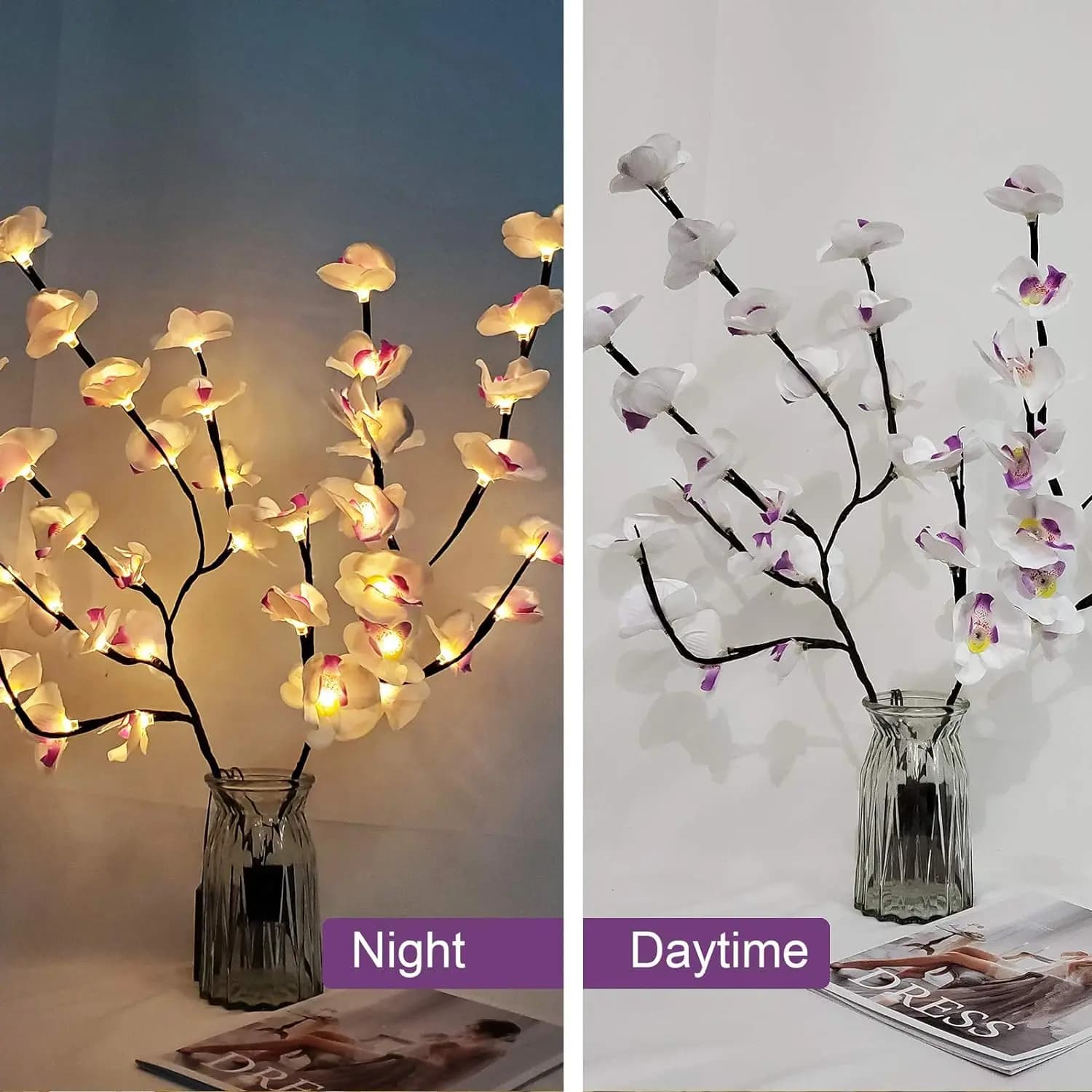 1 paquet blanc et violet papillon orchidée arbre lumière LED lumières alimenté par batterie arbre la