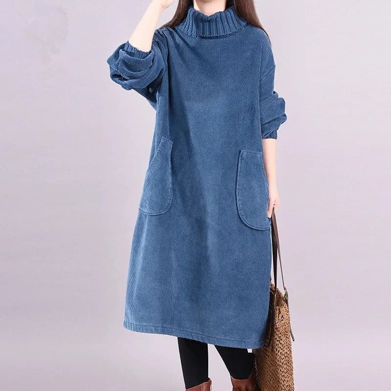 Robe mi-longue en velours côtelé rétro pour femme, pull, pull, velours ajouté, col haut, éducatif, a