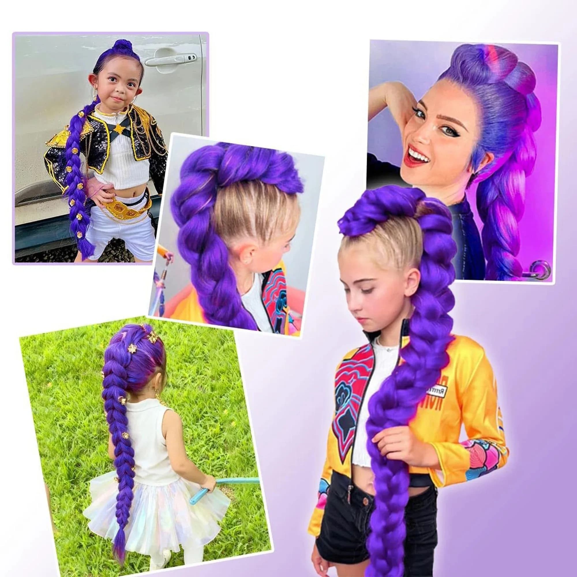 Tresse violette de 82 pouces de long avec fleur pour enfants et filles, queue de cheval synthétique 