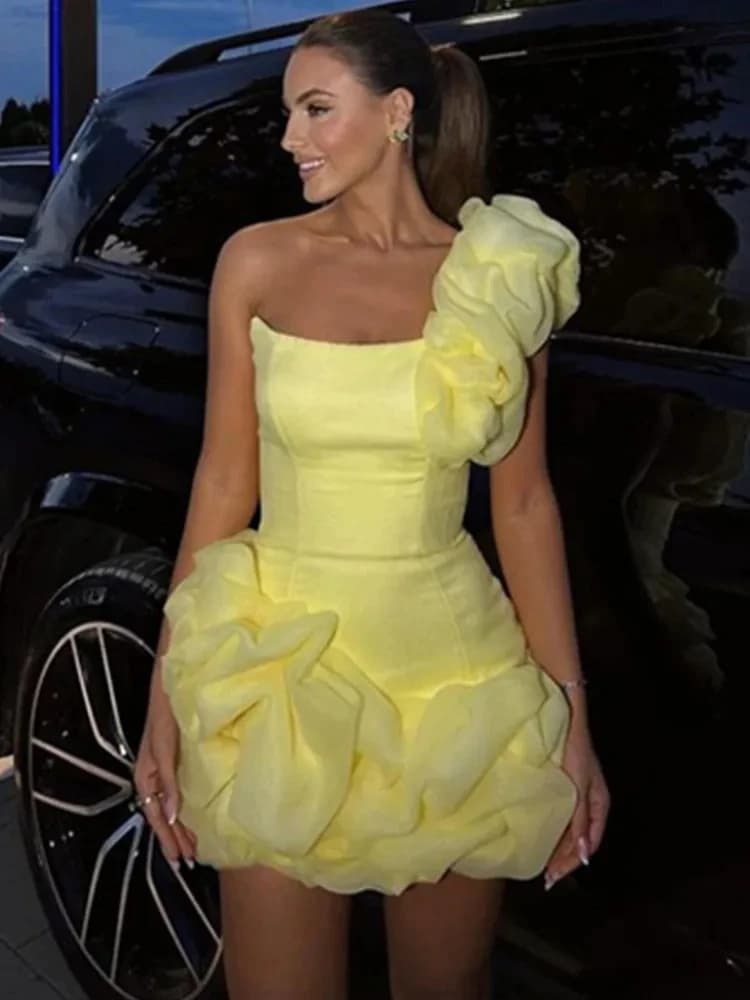 Robe de soirée jaune à volants pour femme, mini batterie, coton, sexy, élégante, club, fête, nouvell