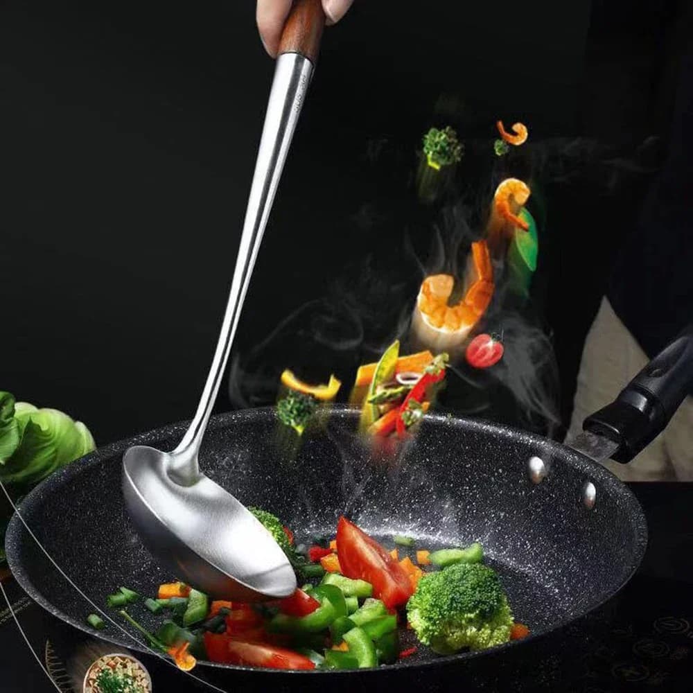 Spatule cuillère en acier inoxydable, manche en bois, pelle de cuisson, louche, ustensiles de cuisin