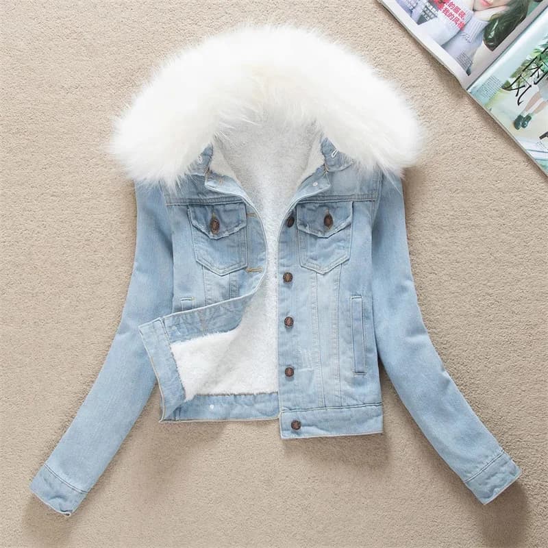 Veste en Jean polaire pour femme, manteau court à grand col en fourrure, doublure en velours épais, 