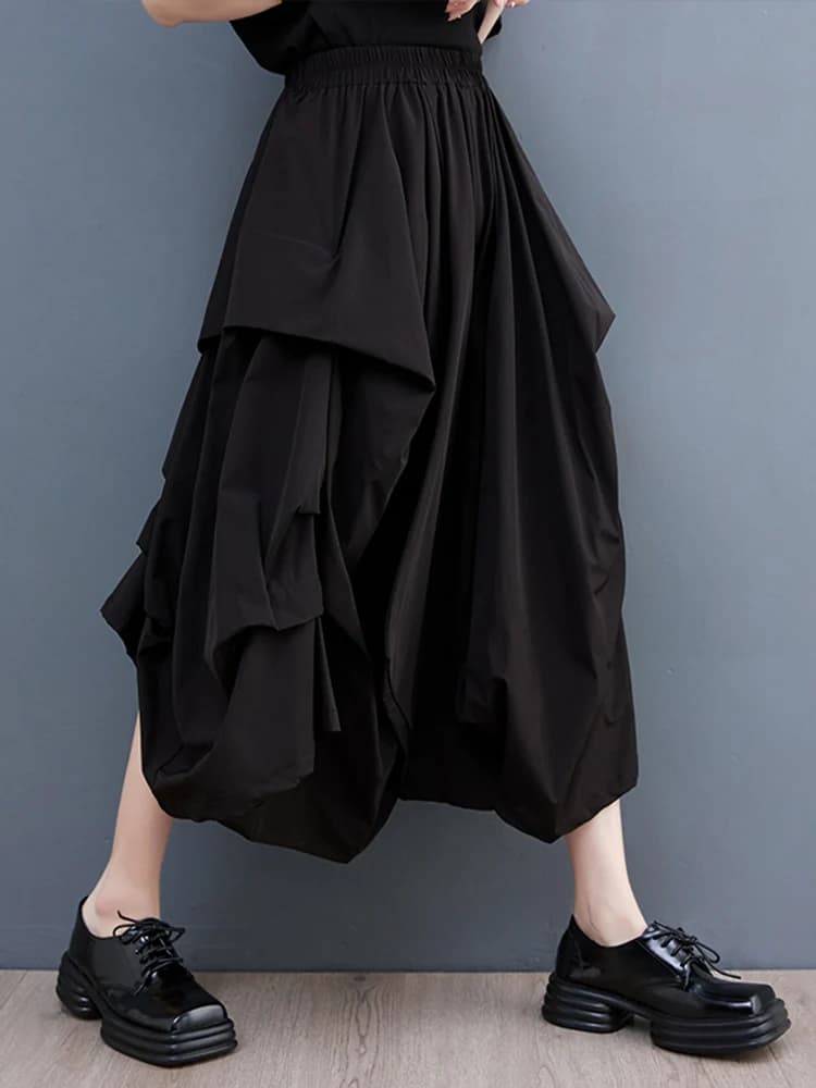 Pantalon à jambes larges drapé pour femme, taille haute élastique, noir, vintage, décontracté, poche