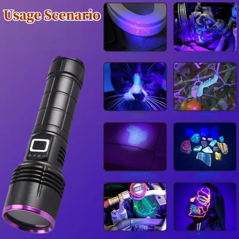 Lampe de poche UV puissante 365nm, Type C, Rechargeable, étanche, lumière violette 26650, pour détec