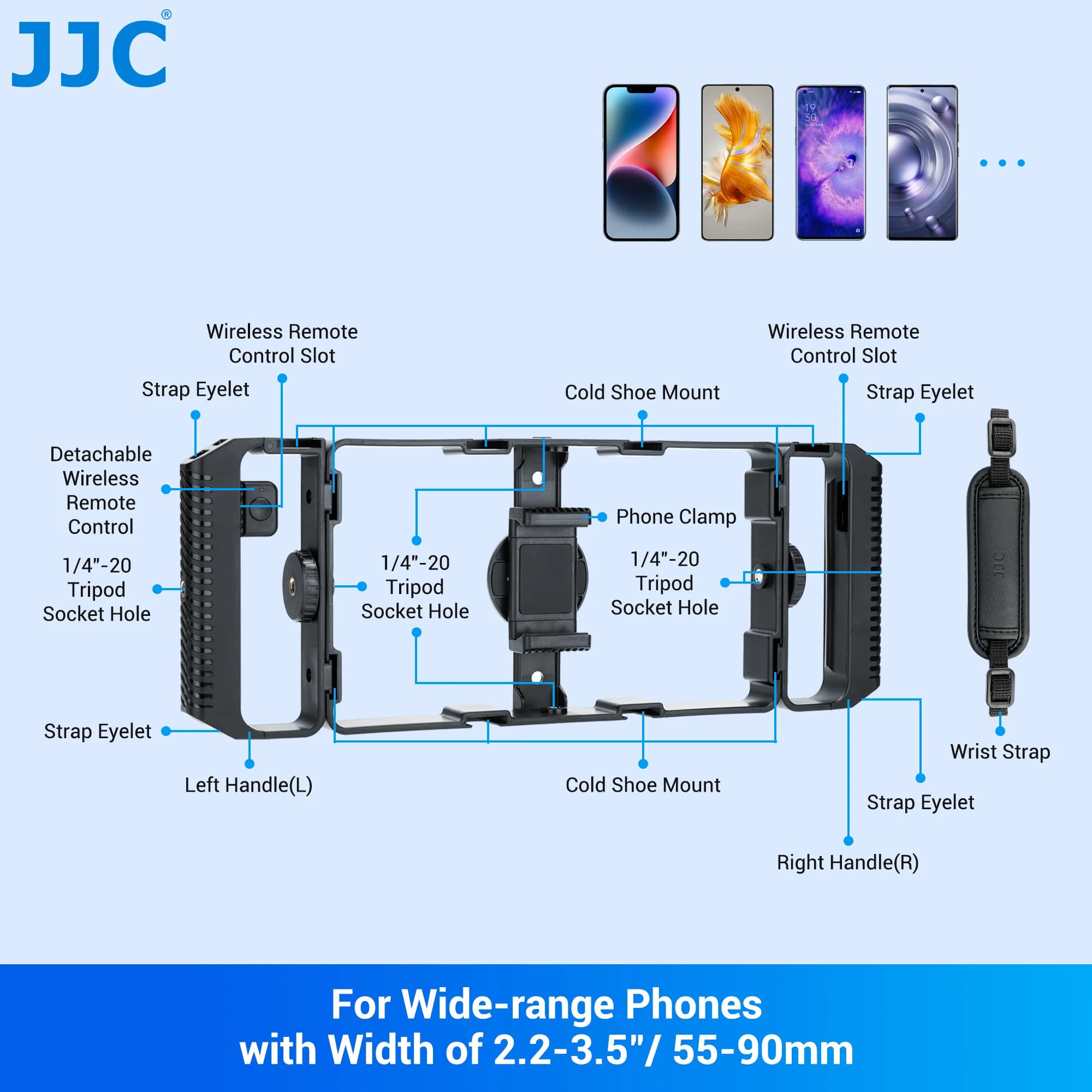 JJC – Kit de plate-forme vidéo universelle pour Smartphone, avec télécommande, poignée, Cage de Film