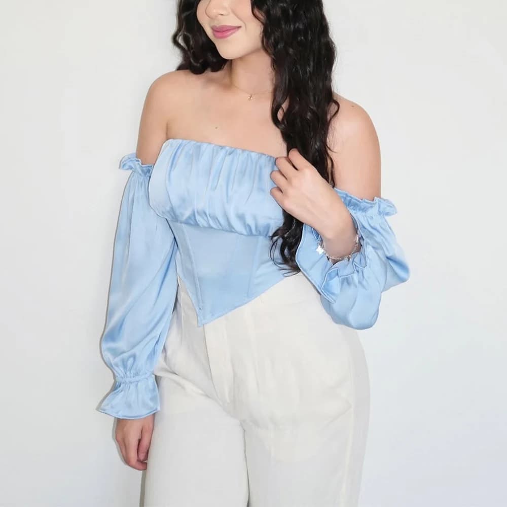 Haut court en satin bleu ciel clair sans bretelles avec manches longues, tenue formelle pour femmes,