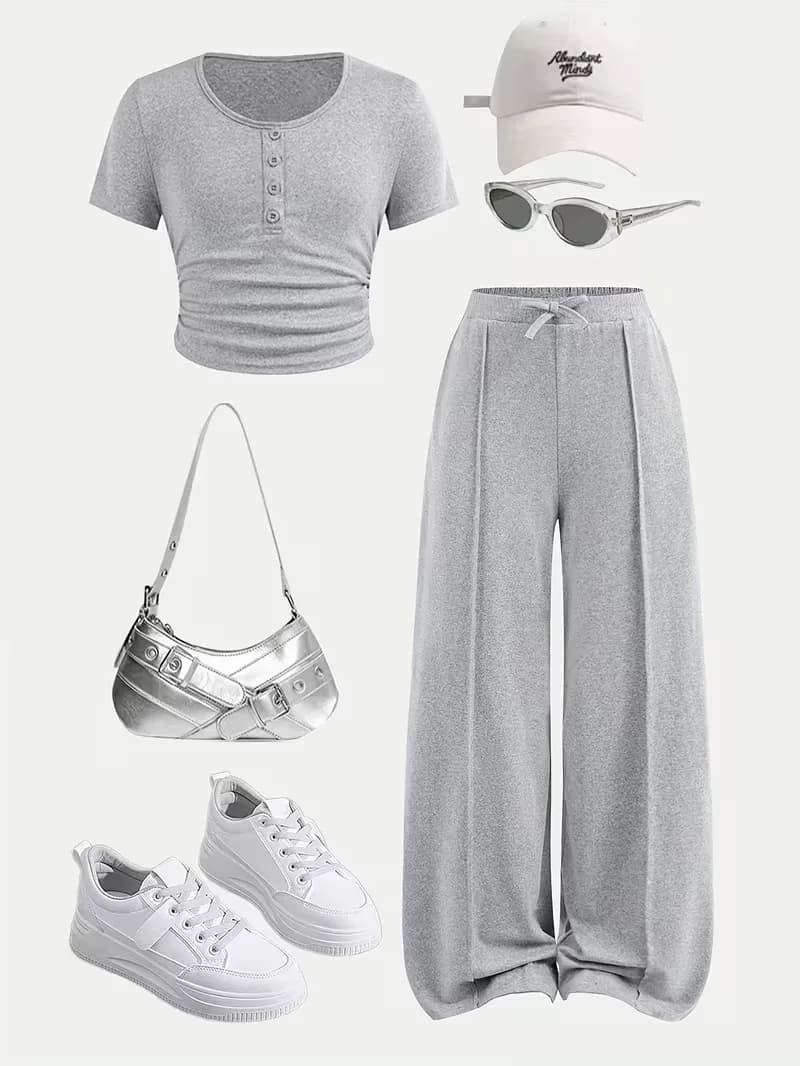 Ensemble 2 pièces en tricot gris pour filles – Haut court froncé à boutons sur le devant et pantalon