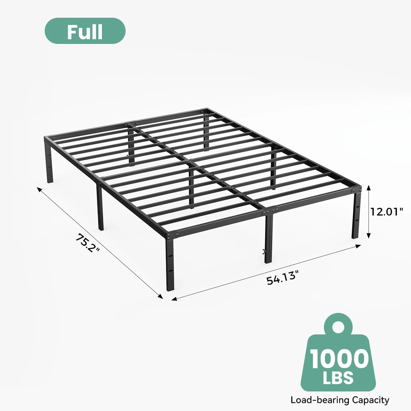 Cadre de lit JHK Basic 12 pouces, tailles Twin, Full, Queen, King, en métal, plateforme, avec espace