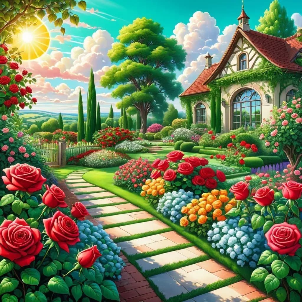 HUACAN Broderie de jardin paysager avec maison en kit, motif rose, sur toile imprimée 11CT, Décorati