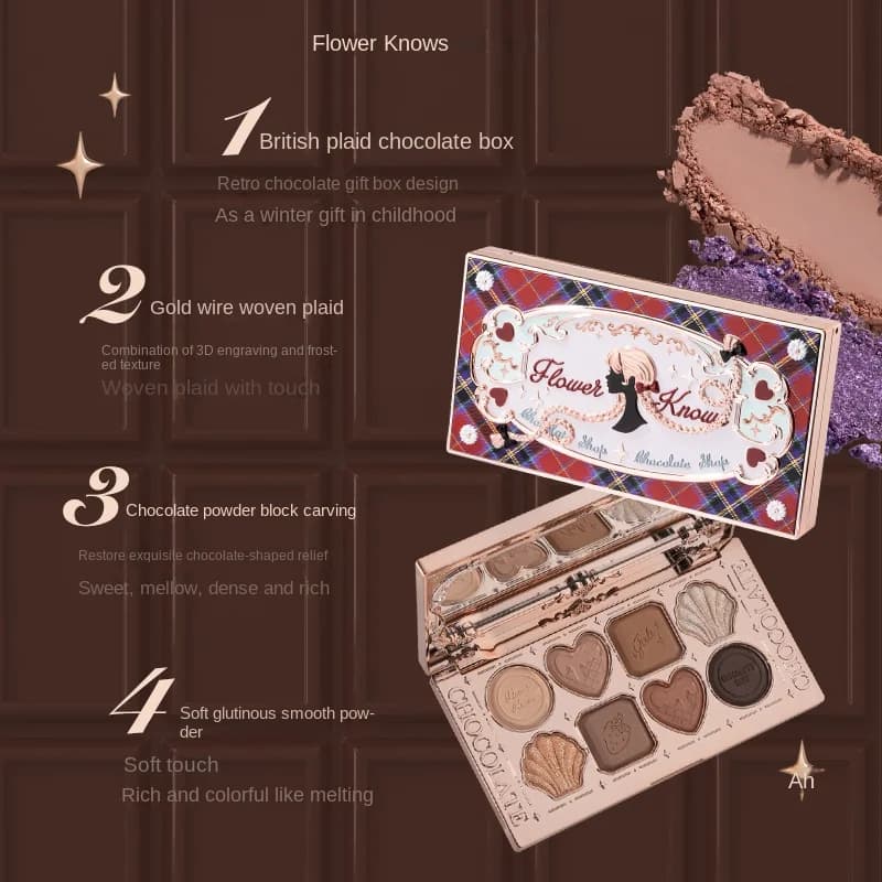 Flower Knows Chocolate Shop Palette de fards à paupières hautement pigmentée Shimmer Mat Glitter Omb