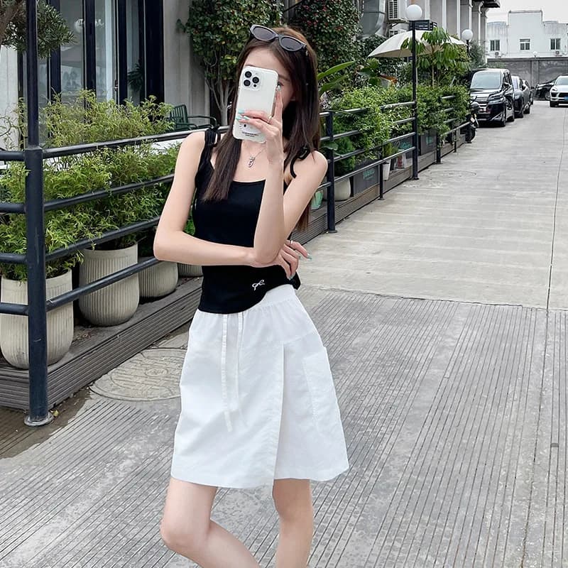 Faux 2 pièces Shorts jupes pour femmes taille haute Mini jupe blanche pantalon solide a-ligne fente 